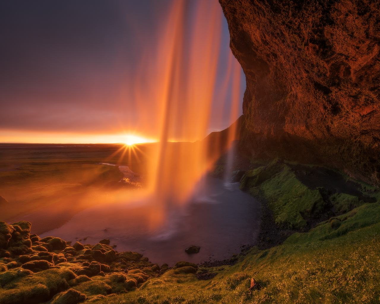iceland, waterfall, sunset, midnight sun