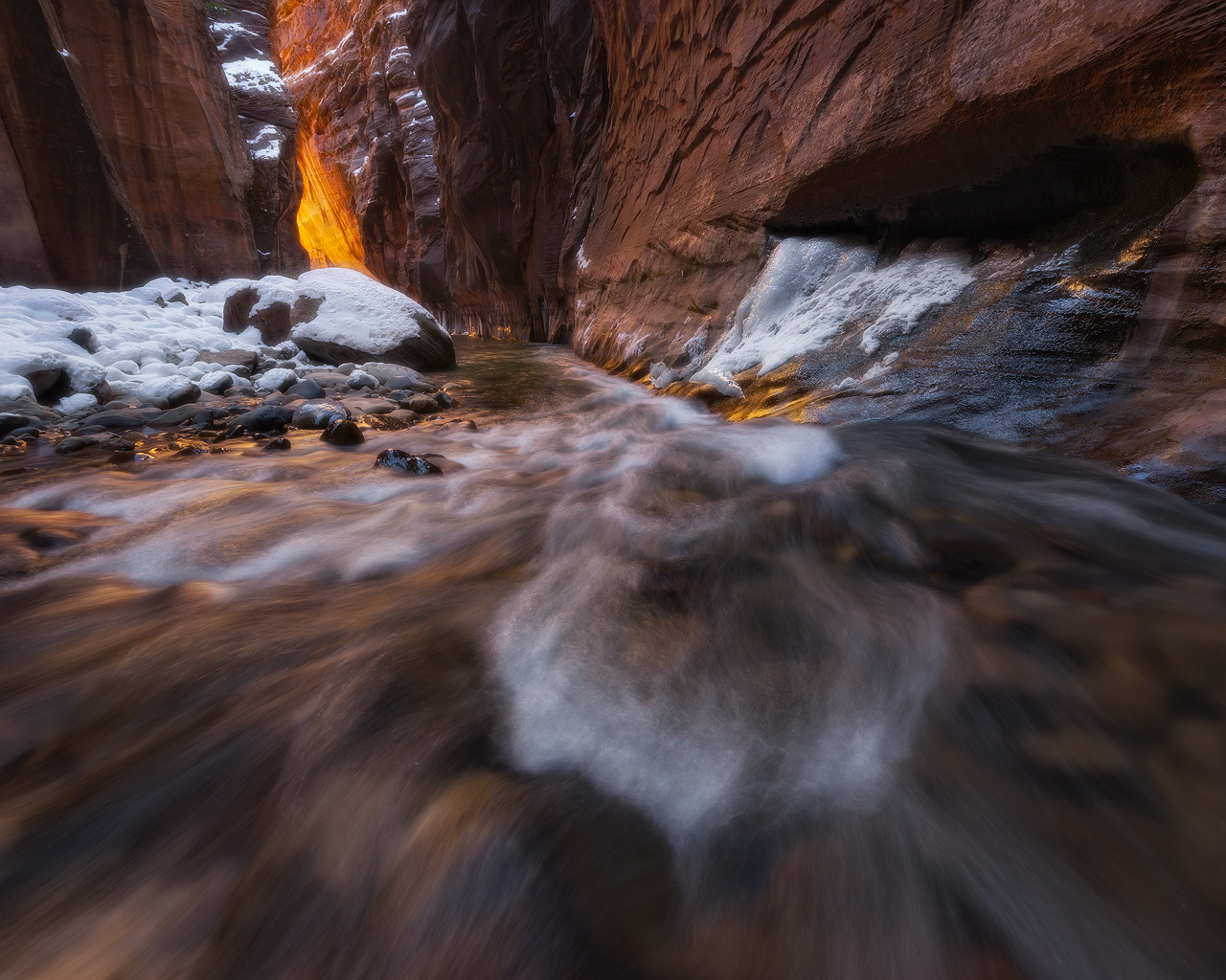 river, waterfall, canyon, Utah, The Narrows, narrows, winter, glow